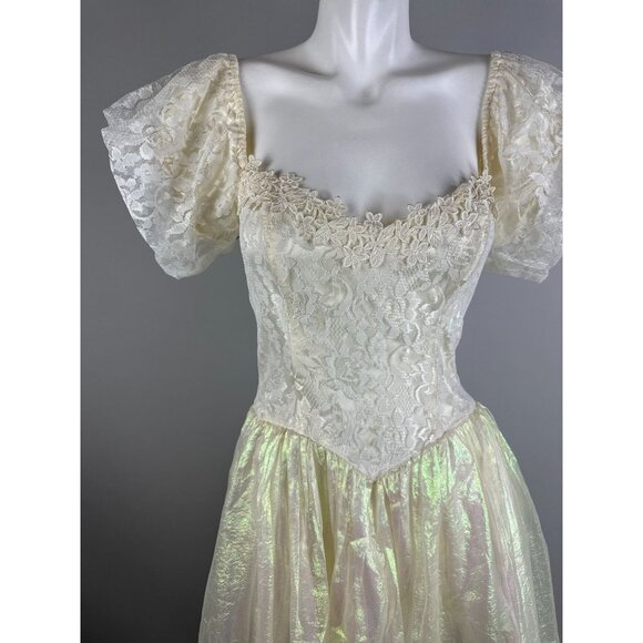 Vtg 90s Gunne Sax White Iridescent Fairycore Lace Bodice Party Prom Dress 7 - Picture 6 of 9